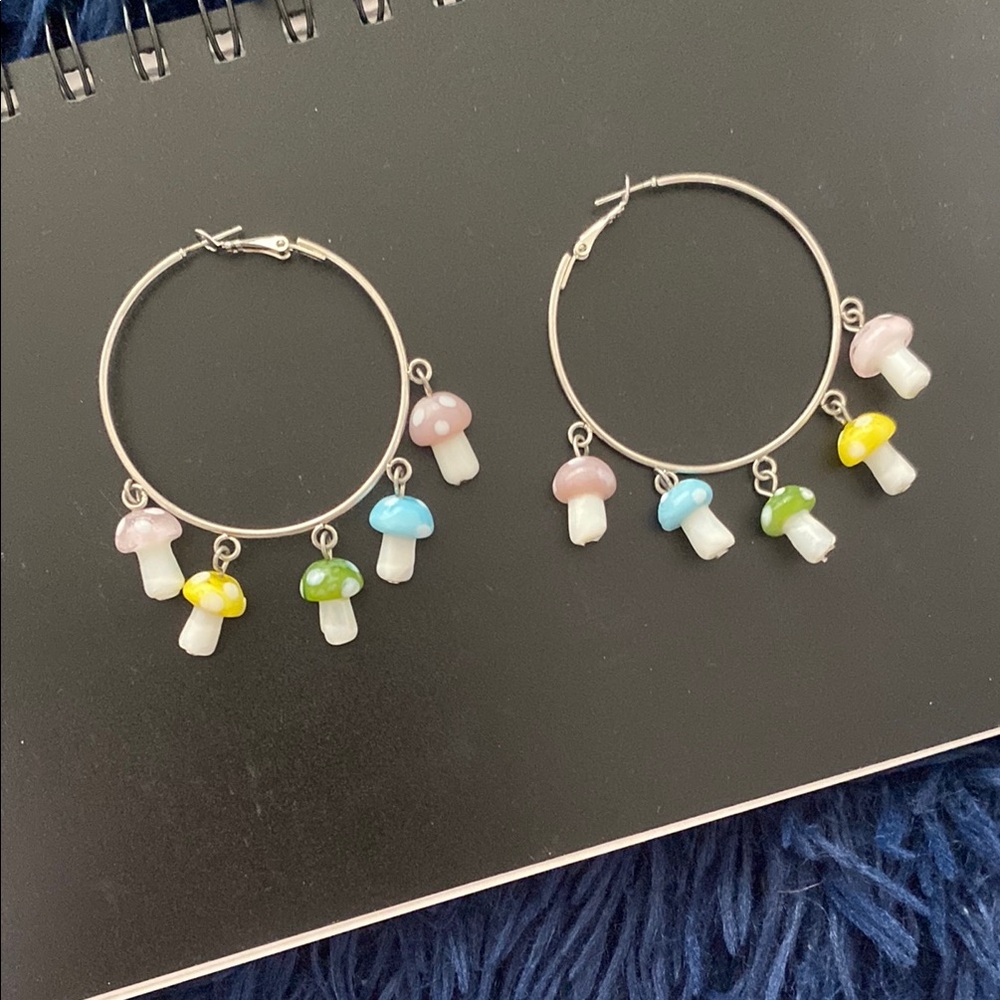 Hot Topic Silver Hoop Earrings with Mushroom Charms